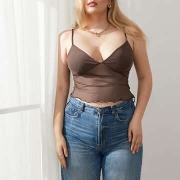 Women Y2K Cami Tank Top Spaghetti Strap V Neck Camisoles Summer Cute Sleeveless Crop Top Streetwear(J-Brown mesh top,S)