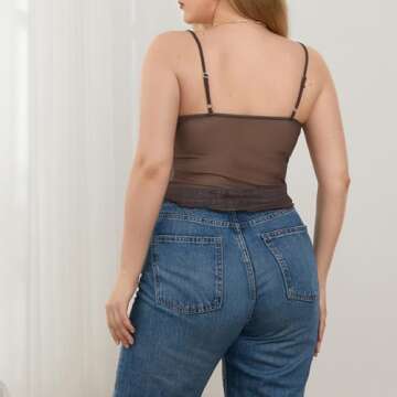 Women Y2K Cami Tank Top Spaghetti Strap V Neck Camisoles Summer Cute Sleeveless Crop Top Streetwear(J-Brown mesh top,S)