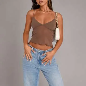 Women Y2K Cami Tank Top Spaghetti Strap V Neck Camisoles Summer Cute Sleeveless Crop Top Streetwear(J-Brown mesh top,S)