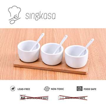 Singkasa Adorable Sauce Dip Bowls-Condiment Set 7 Pieces with bamboo tray-3 oz ceramic bowl, bamboo tray, spoon serving for Cereal, Salad, Dessert, Ice Cream