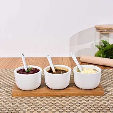 Singkasa Adorable Sauce Dip Bowls-Condiment Set 7 Pieces with bamboo tray-3 oz ceramic bowl, bamboo tray, spoon serving for Cereal, Salad, Dessert, Ice Cream