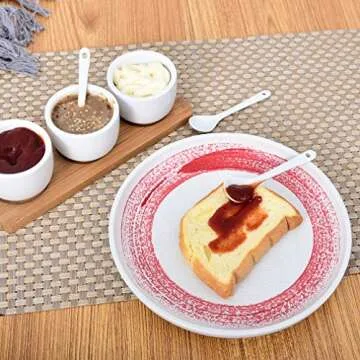 Singkasa Adorable Sauce Dip Bowls-Condiment Set 7 Pieces with bamboo tray-3 oz ceramic bowl, bamboo tray, spoon serving for Cereal, Salad, Dessert, Ice Cream