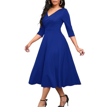 Elegant Women's Wrap Flared Midi Dress for Wedding & Cocktail Events
