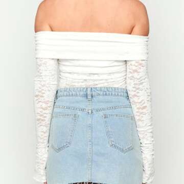 Women Off Shoulder Crop Tops Y2k Long Sleeve Lace Trim Mesh Sexy Bodycon Tee Shirts Going Out Blouse Top