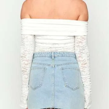 Women Off Shoulder Crop Tops Y2k Long Sleeve Lace Trim Mesh Sexy Bodycon Tee Shirts Going Out Blouse Top