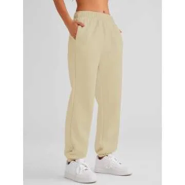 AUTOMET Women’s Winter Casual Baggy Fleece Lined Sweatpants Fashion High Waisted Joggers Pants Athletic Clothes with Pockets Beige S