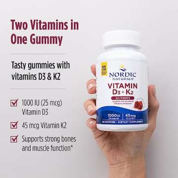 Nordic Naturals Vitamin D3 + K2 Gummies, Pomegranate - 60 Gummies - 1000 IU Vitamin D3 + 45 mcg K2 - Great Taste - Bone Health, Promotes Healthy Muscle Function - Non-GMO - 60 Servings