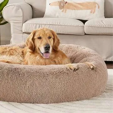 Bedsure Calming Dog Bed for Extra Large Dogs - Donut Washable Large Pet Bed, 45 inches Anti-Slip Round Fluffy Plush Faux Fur Dog Bed, Fits up to 125 lbs Pets, Camel