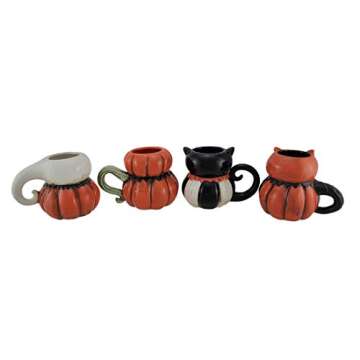 Johanna Parker Pumpkin Peeps: Set of 4 Ceramic Halloween Mugs - Ghost, Cat, Owl and Jack O' Lantern Vintage Style Fall Holiday Coffee Cups, 4.75 Inches High