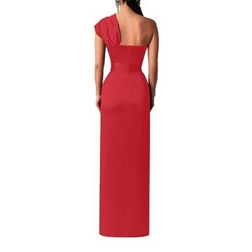 Vrtige Women's One Shoulder Ruched High Waist Split Hem Sleeveless Cocktail Maxi Long Dress Red# Medium