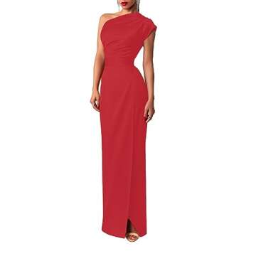Vrtige Women's One Shoulder Ruched High Waist Split Hem Sleeveless Cocktail Maxi Long Dress Red# Medium