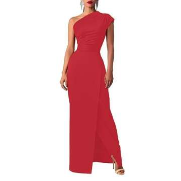 Vrtige Women's One Shoulder Ruched High Waist Split Hem Sleeveless Cocktail Maxi Long Dress Red# Medium