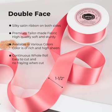 VATIN Double Face Light Coral Satin Ribbon 1-1/2" Continuous 25 Yards,Coral Polyester Fabric Ribbon ...
