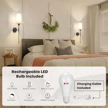 Battery Operated Wall Sconce Set of 2, Rechargeable Wall Sconce With Remote Dimmable Wireless Battery Powered Wall Lamp Decor Fixture For Bedroom Living Room White Fabric Shade Included Bulbs