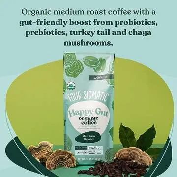 Four Sigmatic Happy Gut Organic Ground Coffee | Medium Roast, Immune Boosting Probiotic Mushroom Coffee with Chaga & Turkey Tail for Gut Health & Immune Support | 12oz Bag
