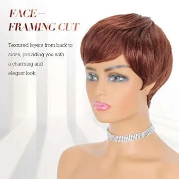 FESHFEN Pixie Cut Wigs Synthetic Short Copper Red Pixie Haircut Wig with Bangs Glueless Layered Wig Wavy Wigs for Women, Daily Cosplay Use