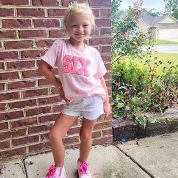 6th Birthday Shirt Girl Short Sleeve SIX Year Old Birthday Shirt Sixth Birthday Letter Chenille Patc...