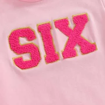 6th Birthday Shirt Girl Short Sleeve SIX Year Old Birthday Shirt Sixth Birthday Letter Chenille Patches Shirt