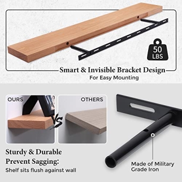 Axeman Oak Floating Shelves, 36 Inch Wall Shelf Set of 2, Solid Wood Shelves for Wall Storage, Wall Mounted Wooden Display Shelf for Bathroom Bedroom Kitchen Garage, Natural