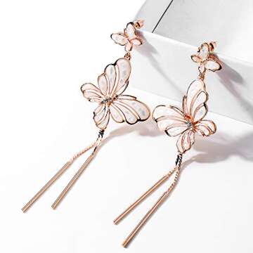 Rose Gold Butterfly Light Pink Enameled with Mother of Pearl Dangle Tassel Long Earrings Pierced
