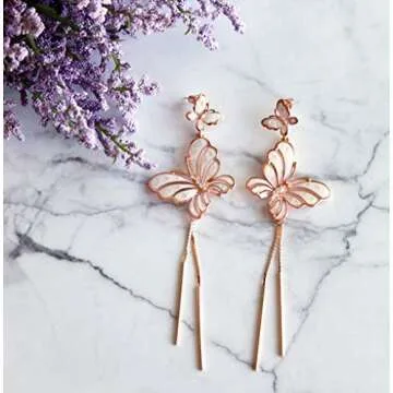 Rose Gold Butterfly Light Pink Enameled with Mother of Pearl Dangle Tassel Long Earrings Pierced
