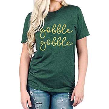 Gobble Gobble Funny Thanksgiving Costume T Shirt Women Letter Print Casual Tee Tops (M, Green)