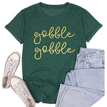 Gobble Gobble Funny Thanksgiving Costume T Shirt Women Letter Print Casual Tee Tops (M, Green)