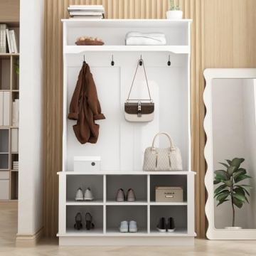 Homsee Modern Hall Tree with Storage Bench, 4-in-1 Entryway Bench with Coat Rack, Tall Hall Tree wit...