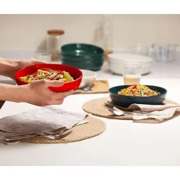 KooK Pasta Bowl, Salad Bowls, Soup, Serving Bowls, Ceramic, Large Capacity, Microwave & Dishwasher Safe, Set of 4, 40 Oz,(Red)
