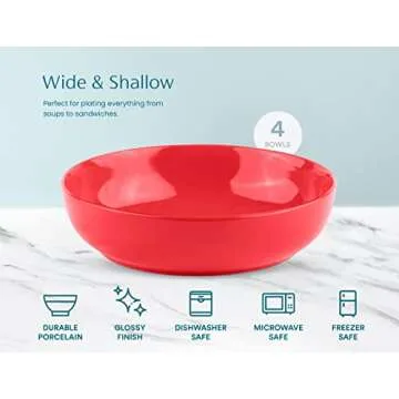 KooK Pasta Bowl, Salad Bowls, Soup, Serving Bowls, Ceramic, Large Capacity, Microwave & Dishwasher Safe, Set of 4, 40 Oz,(Red)