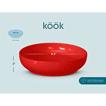 KooK Pasta Bowl, Salad Bowls, Soup, Serving Bowls, Ceramic, Large Capacity, Microwave & Dishwasher Safe, Set of 4, 40 Oz,(Red)