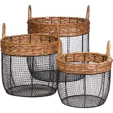 Trademark Innovations Oval Wire Tall Garden Home Decor Baskets with Wicker and Handles - Set of 3
