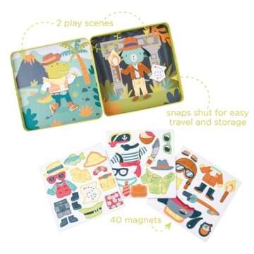 Stephen Joseph, Magnetic Dress Up Dolls 40 PC Play Set – Screen-Free Pretend Play Magnetic Case, Ideal for Ages 3+ – Travel Game for Kids, Magnetic On The Go Activity Set, Dino and Dog