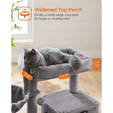 Feandrea Cat Tree, Small Cat Tower with Widened Perch for Large Cats Indoor, Kittens, 37.8-Inch Multi-Level Cat Condo, Scratching Posts and Ramp, 2-Door Cat Cave, Cat Basket, Light Gray UPCT51W