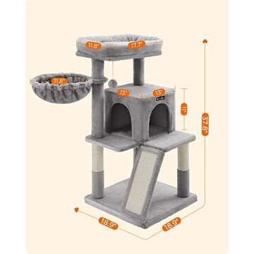 Feandrea Cat Tree, Small Cat Tower with Widened Perch for Large Cats Indoor, Kittens, 37.8-Inch Multi-Level Cat Condo, Scratching Posts and Ramp, 2-Door Cat Cave, Cat Basket, Light Gray UPCT51W