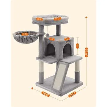 Feandrea Cat Tree, Small Cat Tower with Widened Perch for Large Cats Indoor, Kittens, 37.8-Inch Multi-Level Cat Condo, Scratching Posts and Ramp, 2-Door Cat Cave, Cat Basket, Light Gray UPCT51W