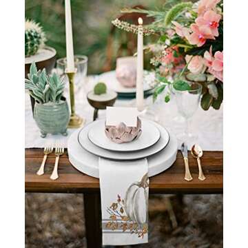 Fall Napkins 20 x 20 Inch Set of 4 White Pumpkin Leaf Branch Reusable Washable Thanksgiving Cloth Napkins Gray Stripes Hand Towels for Picnic Party Table Decorations