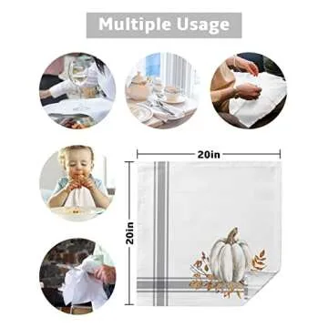 Fall Napkins 20 x 20 Inch Set of 4 White Pumpkin Leaf Branch Reusable Washable Thanksgiving Cloth Napkins Gray Stripes Hand Towels for Picnic Party Table Decorations