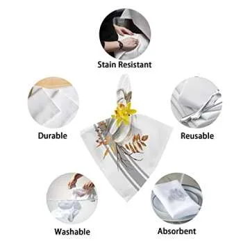 Fall Napkins 20 x 20 Inch Set of 4 White Pumpkin Leaf Branch Reusable Washable Thanksgiving Cloth Napkins Gray Stripes Hand Towels for Picnic Party Table Decorations