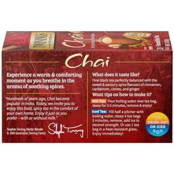 Twinings Chai Black Tea Individually Wrapped Bags, 20 Count (Pack of 6), Sweet, Savoury Spices, Caffeinated, Enjoy Hot or Iced | Packaging May Vary
