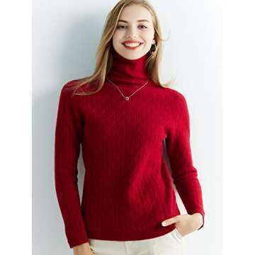 LINY XIN 100% Merino Wool Swetaer for Women Turtleneck Long Sleeve Fall Winter Warm Soft Knitted Pullover Sweater (Maroon,L)