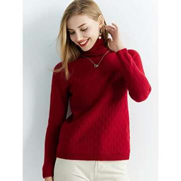 LINY XIN 100% Merino Wool Swetaer for Women Turtleneck Long Sleeve Fall Winter Warm Soft Knitted Pullover Sweater (Maroon,L)