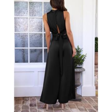 Cicy Bell Women's Dressy Casual Satin Jumpsuits Sleeveless Wide Leg Mock Neck Pleated Open Back Long Pants Rompers