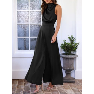 Cicy Bell Women's Dressy Casual Satin Jumpsuits Sleeveless Wide Leg Mock Neck Pleated Open Back Long Pants Rompers
