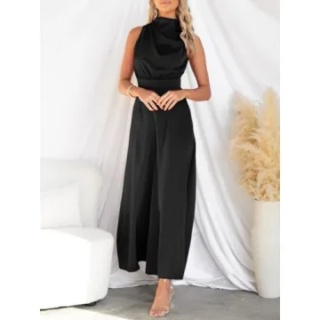 Cicy Bell Women's Dressy Casual Satin Jumpsuits Sleeveless Wide Leg Mock Neck Pleated Open Back Long Pants Rompers