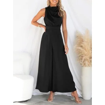 Cicy Bell Women's Dressy Casual Satin Jumpsuits Sleeveless Wide Leg Mock Neck Pleated Open Back Long Pants Rompers