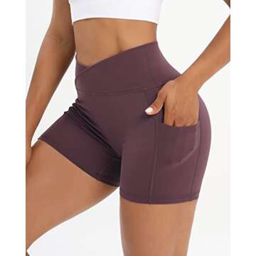 Workout Shorts for Women 2 Pcs Pack Cross Waist Active Gym Spandex Stretchy Yoga Compression with Side Pockets Black+Burgundy-S