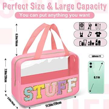 Preppy Clear Stuff Makeup Bags with Chenille Letter Patches, Travel Essentials Large Clear Make up Bag Zipper Pouch with Handle, Waterproof Nylon Cosmetic Toiletry Storage Tote for Women (STUFF-Pink)
