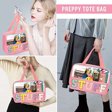 Preppy Clear Stuff Makeup Bags with Chenille Letter Patches, Travel Essentials Large Clear Make up Bag Zipper Pouch with Handle, Waterproof Nylon Cosmetic Toiletry Storage Tote for Women (STUFF-Pink)