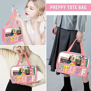 Stylish Preppy Clear Makeup Bag with Chenille Patches